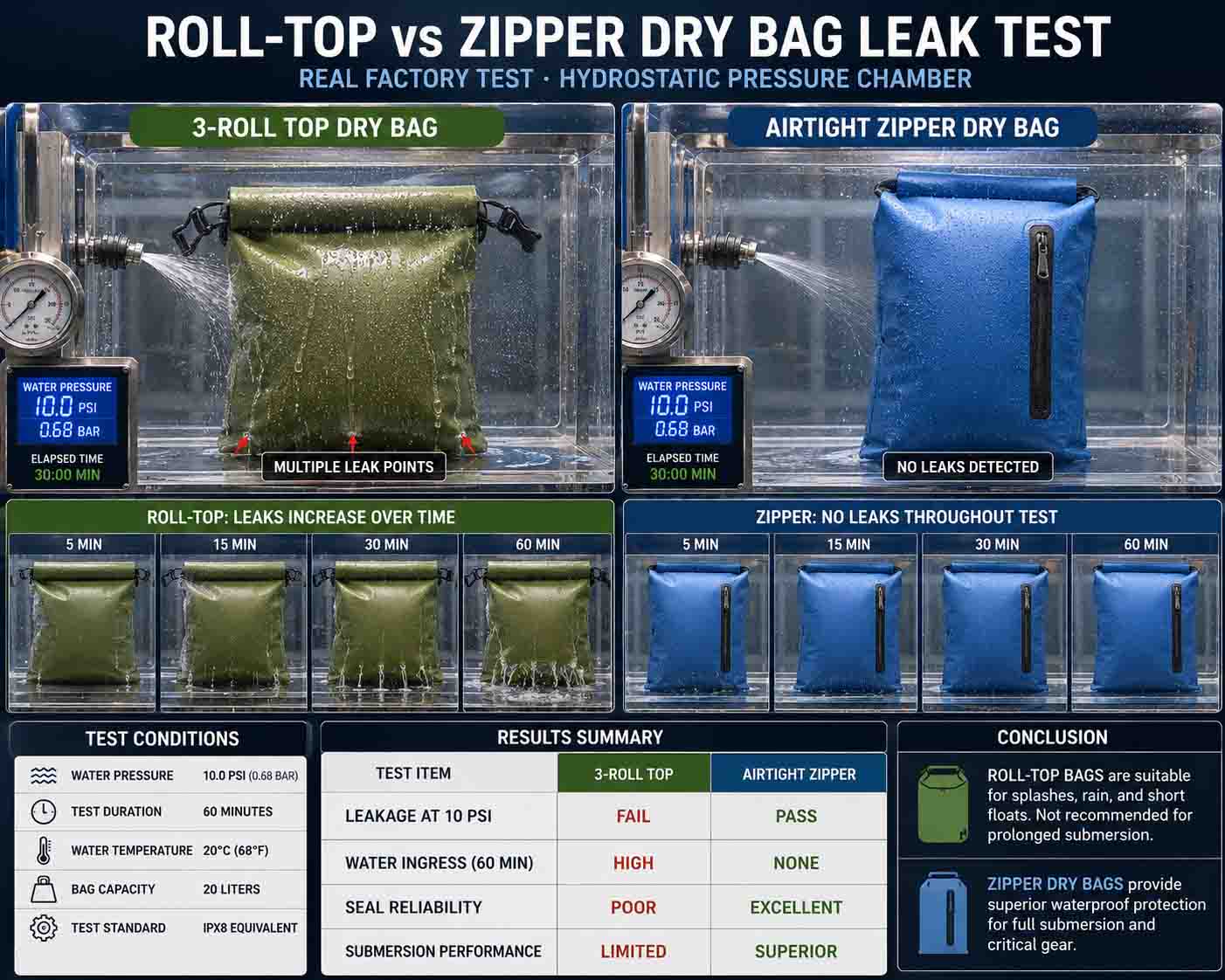 Roll-Top နှင့် Zipper Dry Bag- ရေစိုခံ ဒဏ္ဍာရီ ပေါက်ကွဲခဲ့သည်။