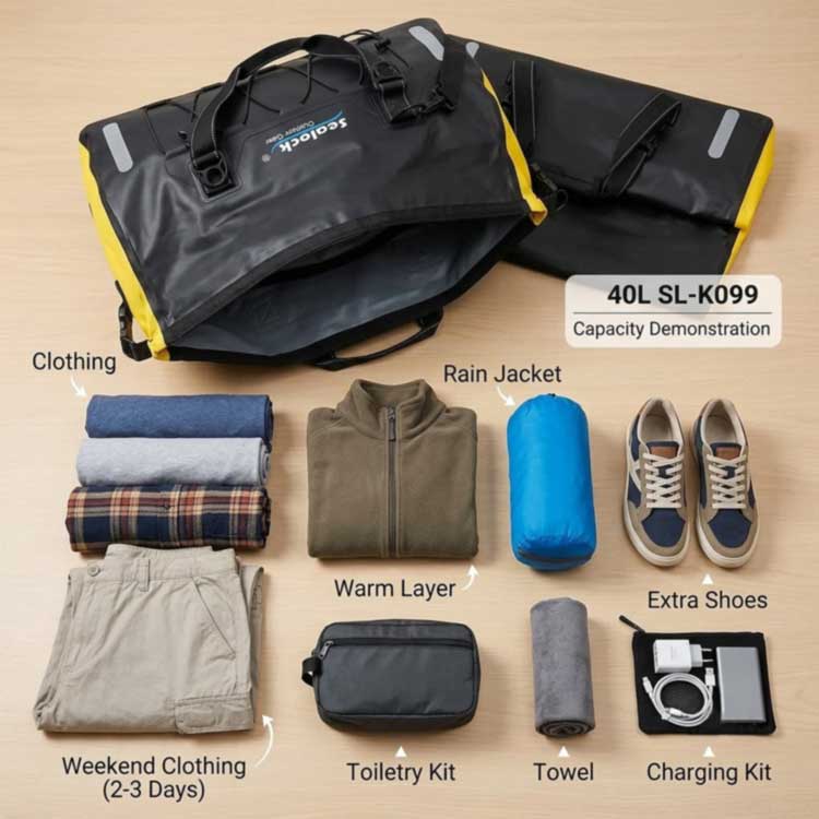 40L ရေစိုခံ Duffel အိတ်- စနေ၊ တနင်္ဂနွေ စွန့်စားခန်းများအတွက် စွမ်းရည်လမ်းညွှန်