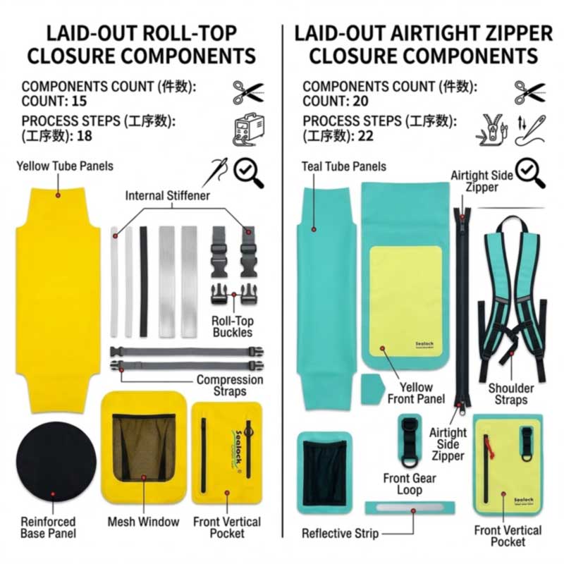 Roll Top Waterproof ကျောပိုးအိတ်များ- အင်္ဂါရပ်များနှင့် ထုတ်လုပ်ခြင်း အားသာချက်များ
