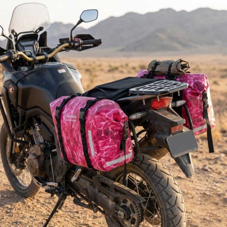 waterproof motorcycle tail bag mounted on an adventure motorcycle