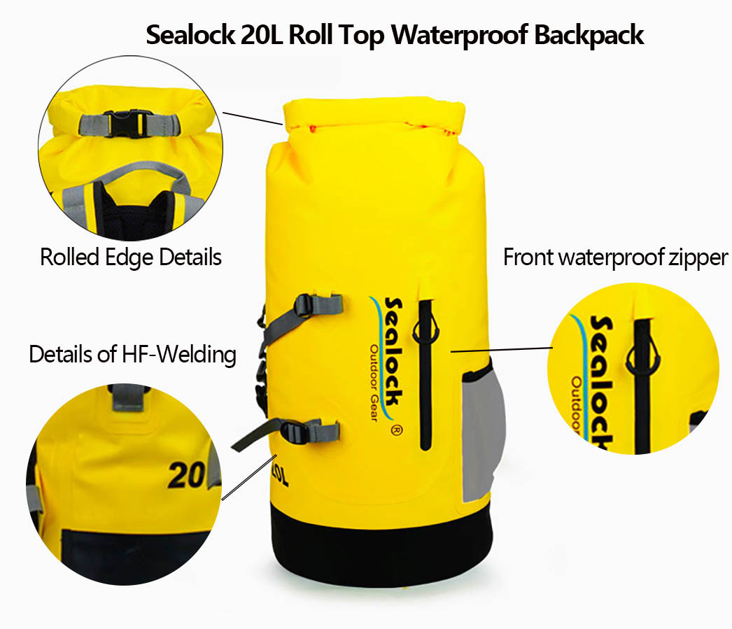 roll top closure and waterproof front zip pocket on dry backpack 