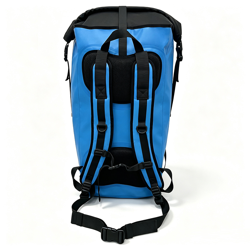 ergonomic padded harness with waist belt on waterproof dry backpack