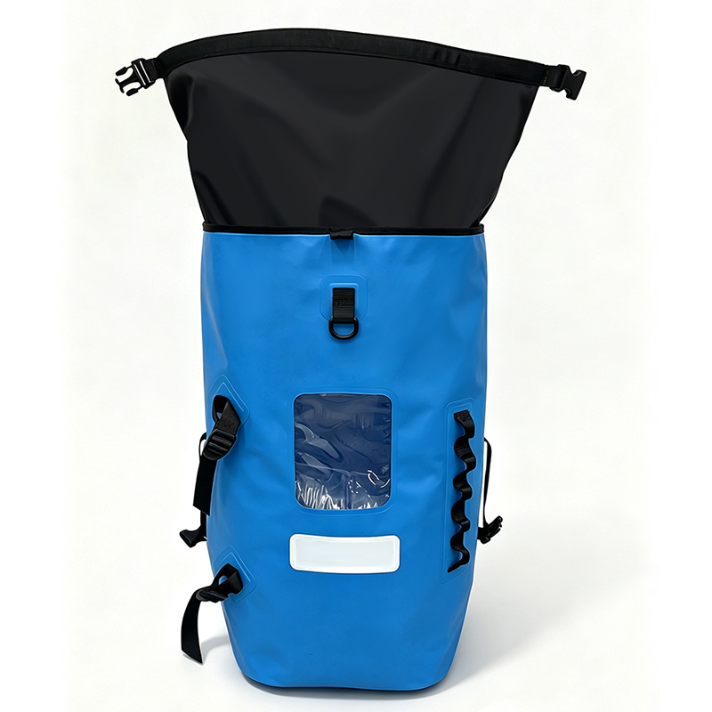 roll top closure and welded seam on waterproof dry backpack