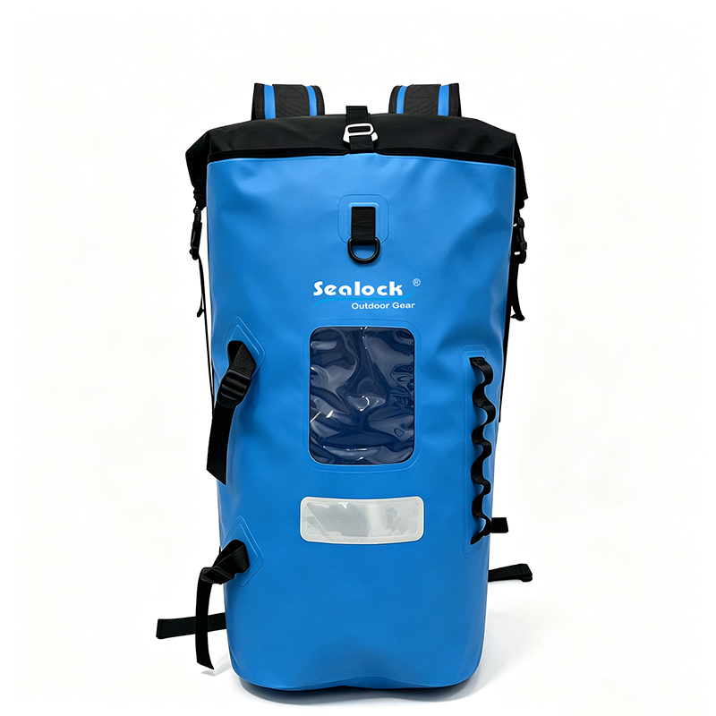 clear window pocket and reflective patch on dry backpack