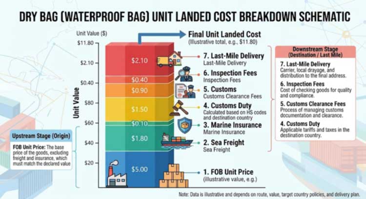Landed cost breakdown for wholesale dry bag imports — FOB, freight, insurance, duty, clearance, inspection, delivery