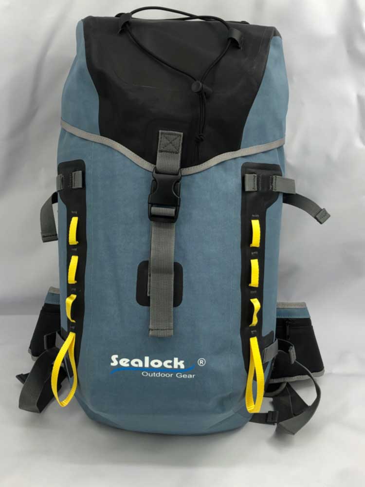 roll top flap closure with compression straps on hiking backpack