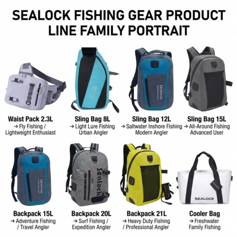 A complete OEM fishing bag range under one brand — waist pack, slings, shoulder bags, backpacks and insulated kill bag