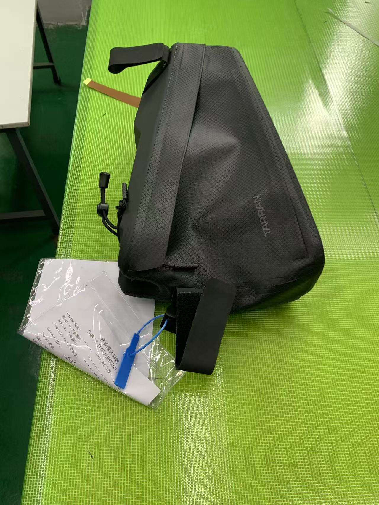 Finished waterproof bicycle frame bag with sample confirmation tag
