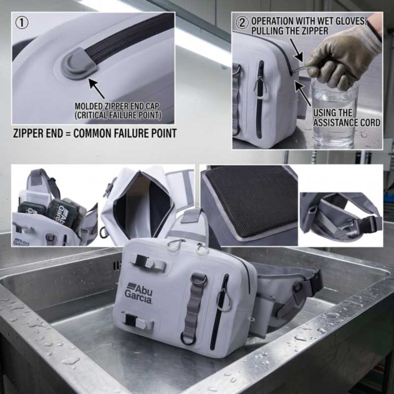 Moulded zipper end cap, glove-operated assist pull, and a filled bag under a two-hour immersion test