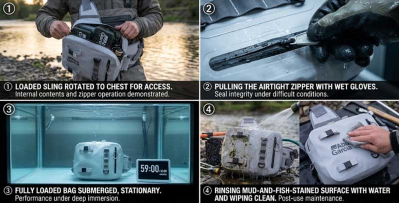 Evaluating a fishing bag sample — loaded swing-round access, gloved zipper operation, sustained immersion, and rinse-clean test