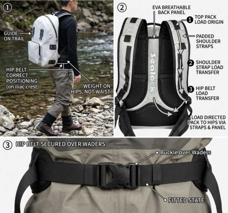 Professional angler carrying a loaded fishing backpack, EVA ventilated back panel and padded straps, and hip belt fitted over waders