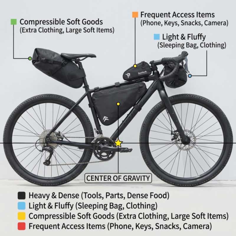 Complete bikepacking setup showing frame bag, handlebar bag, saddle pack and top tube bag with the load type each position should carry