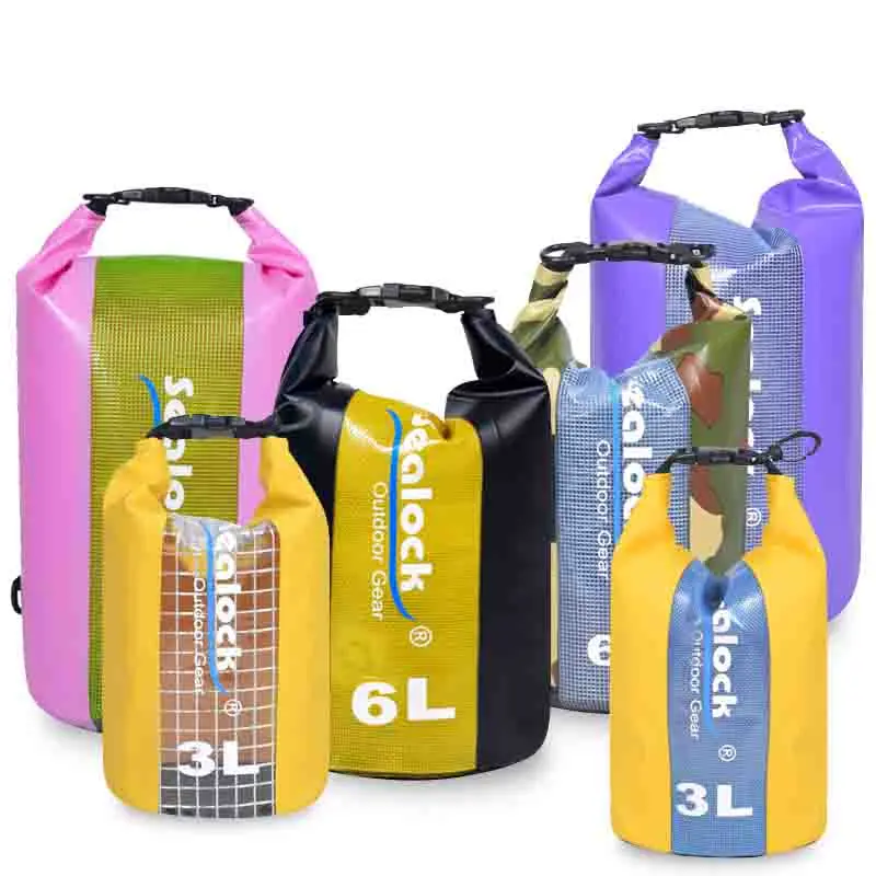 ပြတင်းပေါက်အကြည်ပါရှိသော PVC Roll Top ရေစိုခံအခြောက်အိတ်နှင့် ပခုံးကြိုးကို အမြန်ထုတ်ပါ။